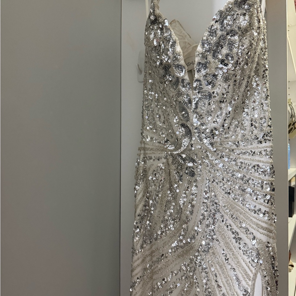 Laura Ashley Silver Sequin Beaded Prom Gown